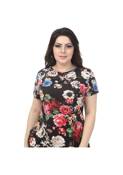 Siyah Desenli Cepli Büyük Beden Elbise 16C-1166 Siyah