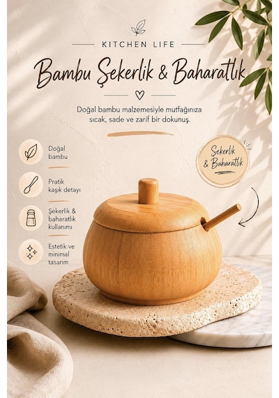 Lüx Doğal Bambu Baharatlık Kaşıklı Şekerlik Bal Kavanozu 350 Ml Diğer