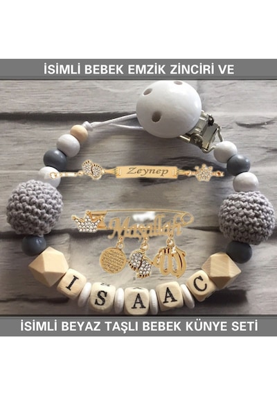 Sahi Aksesuar İsimli Bebek Emzik Zinciri Ve İsimli Bebek Künye Seti Bezyı705 Beyaz - Mavi