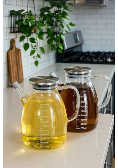 2li Slikon Ağızlık Metal Kapak Borosilikat Yağdanlık 1000 Ml Şeffaf