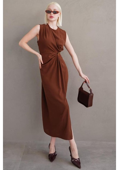 Madmext Kahverengi Bronşlu Midi Boy Kadın Elbise Mg2418 Kahverengi
