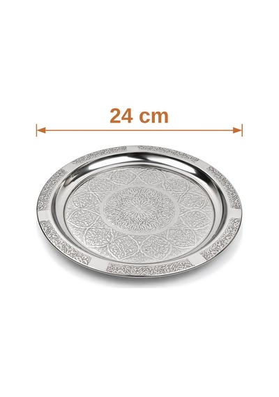 Binbir Trend 24 Cm Otantik Desenli Krom Çelik Kebap, Izgara, Meze Ve Servis Tabağı 6 Adet Gümüş