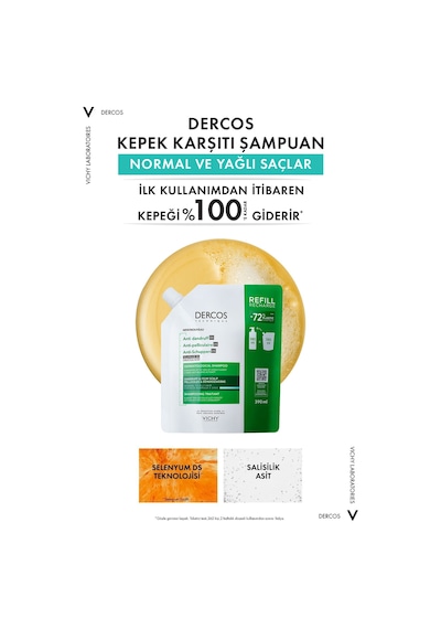 Dercos Normal/yağlı Saçlar İçin Kepek Karşıtı Saç Bakım Şampuanı Yeniden Dolum Paketi 390 Ml Normal