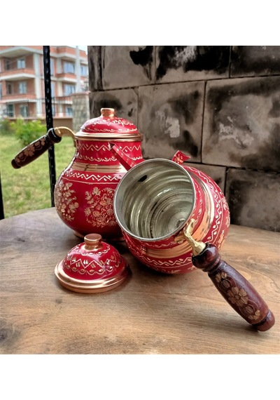 Kırmızı Seramik Boya Kaplama Gül Çiçek Bakır Çaydanlık Bakır