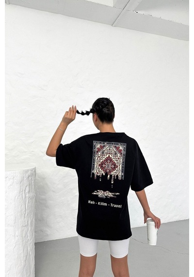 Technomonkey Unisex Siyah Oversize Halı Kilim Travel Desenli Techno Tişört