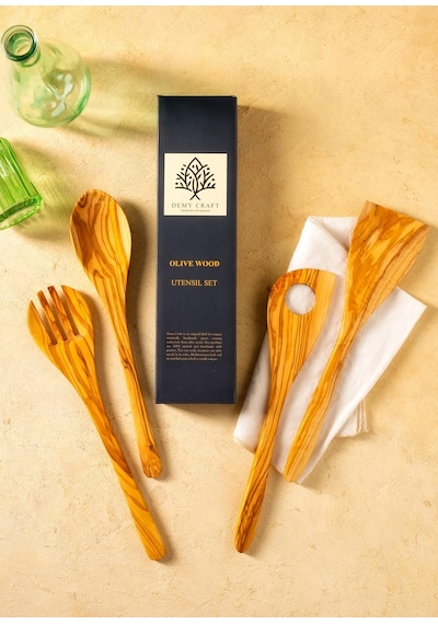Zeytin Ağacı El Yapımı 4 Parça Mutfak Seti, Ahşap Kaşık, Çatal, Spatula, Delikli Spatula 30 Cm Diğer