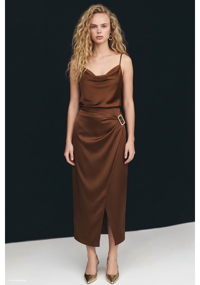 Sateen Toka Detaylı Saten Etek - Açık Kahve-138023 Açık Kahverengi
