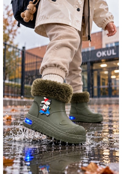 Muggo Muppy Işıklı Kürk Detaylı Unisex Çocuk Günlük Yağmur Ve Kar Botu Haki