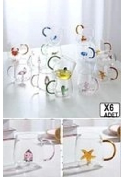6'lı Sevimli Karikatürler Bardağı Figürlü Cam Bardak 3d Kawaii Renkli Kulplu Sunum Fincanı 350 Ml.