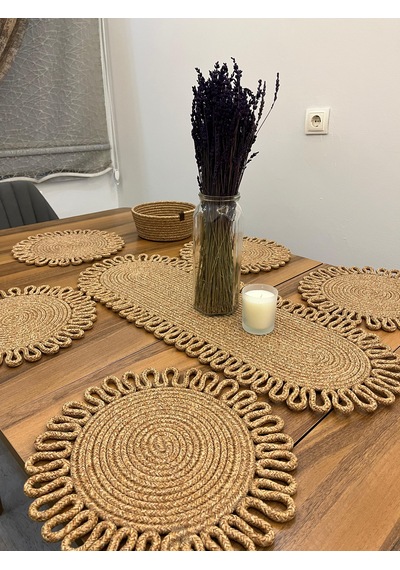 Senza Atelier 8 Parça Jüt Supla Seti - Oval Runner Ve Ekmek Sepeti Dahil Hasır Sofra Takımı