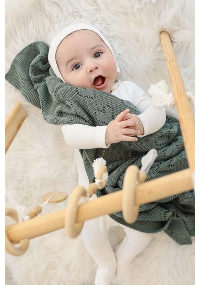 Kız Ve Erkek Bebek Için Triko Örgü Bebek Battaniyesi 90cm X110cm Basic Kalpler Yeşil Yeşil