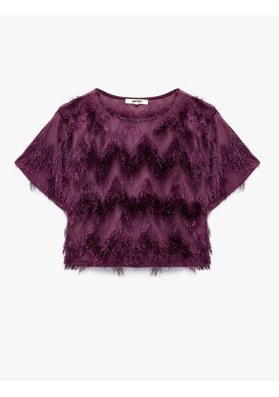 Koton Peluş Detaylı Bisiklet Yaka Kısa Kollu Crop Bluz Mürdüm 7wak10025uk Mor
