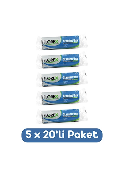 Florex Standart Orta Boy Çöp Torbası 55x60 Cm 20'li Rulo Siyah 5 Rulo (100 Adet)