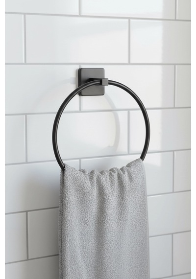 Siyah Yuvarlak Halka Havlu Askılığı Kare Topuzlu, Vidalı Metal Banyo Askısı, Dayanıklı & Şık - S- Diğer