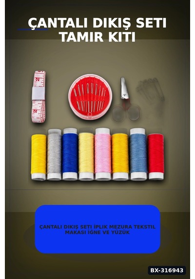 Çantalı Dikiş Seti İplik Mezura Tekstil Makası İğne Ve Yüzük Tamir Kiti Bx-316943