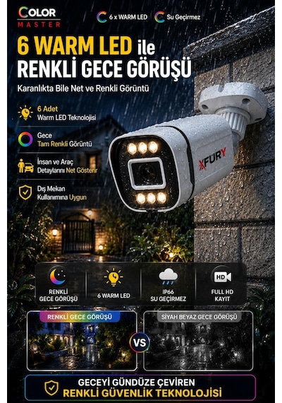 Fury 5mp Lens 1080p 6 Warm Led Renkli Gece Görüşlü Ip66 Dış Mekan Geniş Açılı Güvenlik Kamerası