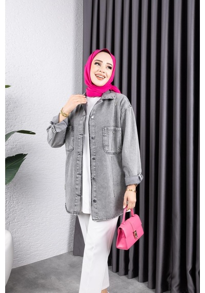 Harman Butik Kadın Taş Detaylı Kar Yıkamalı Denim Kot Ceket Siyah Siyah