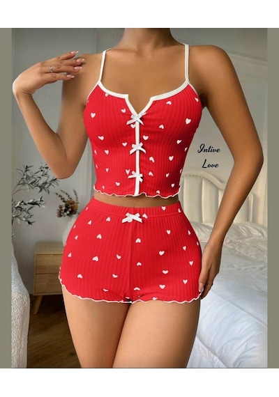 Intive Comfort Kalp Desenli V Yaka İnce Askılı Mini Şortlu Büstiy Kırmızı