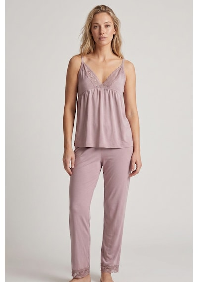 Siyah İnci Dantelli Viskon Örme Pijama Takım 8021 Vizon İp Askılı Pijama