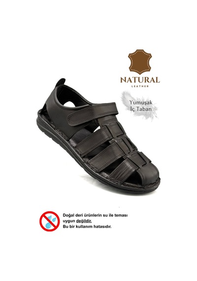 Sermoda %100 Hakiki Deri Burnu Kapalı Erkek Sandalet Siyah