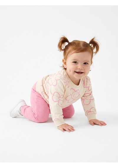 HelloBaby Pamuklu Çiçek Detaylı 2li Kız Bebek Takım Pembe