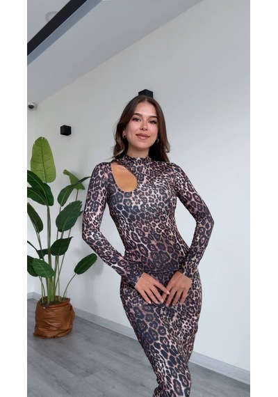 Şamdan Kadın Leopar Desenli Uzun Kollu Cut-out Elbise - Leopar