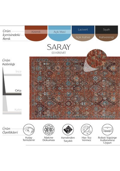 Cool Halı Saray Kiremit Vintage Etnik Çiçek Desenli Yumuşak Dokulu Bohem Oturma Odası Salon Halısı Turuncu