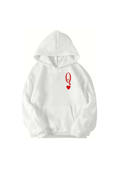 Brz Collection Unisex Oversize Queen Of Hearts Iskambil Kızı Q Hoodıe Beyaz