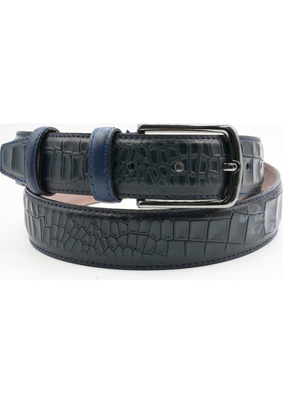 Parscraft Hakiki Deri Erkek Kemer 3,5 Cm Croco Timsah Desen Klasik Deri Kemer Lacivert