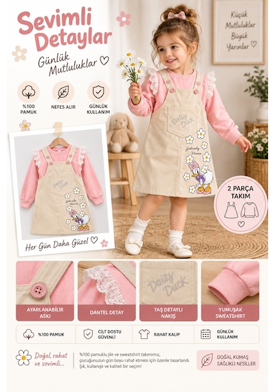 Nota Kids Kız Çocuk Çiçek Baskılı Gabardin Jile Elbise Takımı Dantel Detaylı Sweatshirtlü 2'li Takım Krem