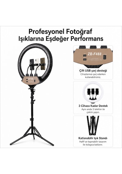 Döküm Ayaklı 22 Inç 600 Led Tripod Rıng Lıght Işık Influencer Youtuber Işığı Güzellik Makyaj Led Zb-f488