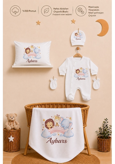 Pia Baby Kişiye Özel Erkek Bebek Hastane Çıkışı Tulum Seti %100 Pamuk İsimli Yastık Kılıfı Ve Battaniye 1022tyb0x Ekru