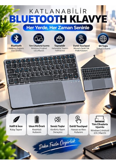 Alüminyum Şarjlı 64 Tuşlu Türkçe Q Klavye Deri Standlı Katlanabilir Bluetooth Dokunmatik Touchpad