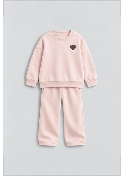 Zuzunga Kalp Nakış 3 İplik Fırçalı Kumaş Sweatshirt Eşofman Alt Üst Takım Pembe
