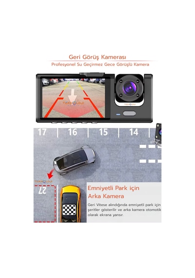 1080p Dash Cam Full Hd Araç İçi Kamera Ön Arka Ve İç Kayıt 3 Kamera Gece Görüşlü G Sensör Geniş Açı