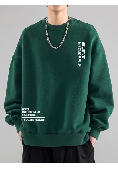 Erkek Believe Baskılı Oversize Bisiklet Yaka Sweatshirt Yeşil