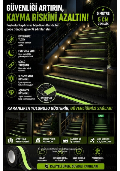 Fosforlu Kaydırmaz Merdiven Bandı 5 Metre 5 Cm Kendinden Yapışkanlı Kaymaz Zemin Güvenlik Bandı Gece