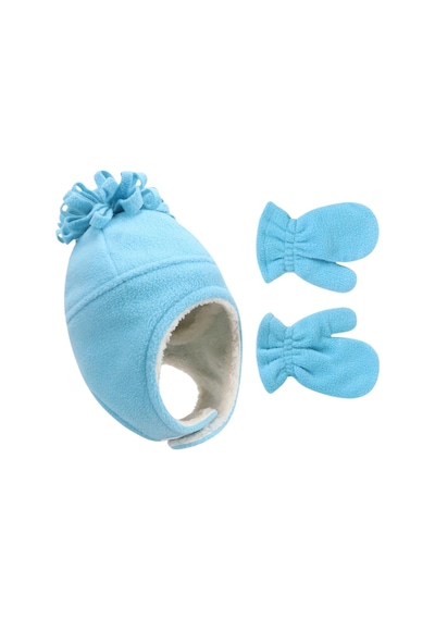 Petityu Bebek Mavisi Polar Yumuşacık Sıcacık Çocuk Bere Eldiven Set Mavi