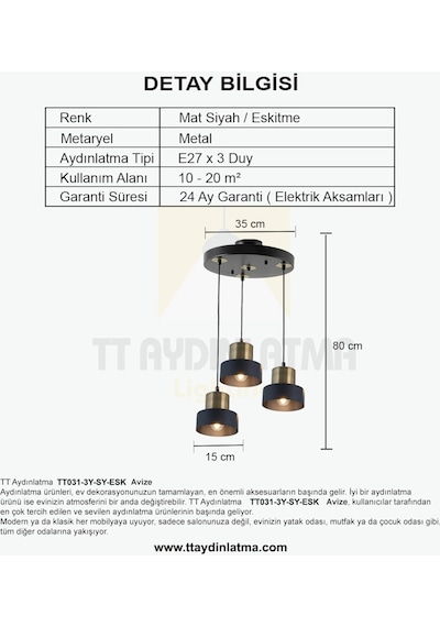 Tt031-3Y-Sy-Esk Tt Aydınlatma Mat Siyah-Eskitme 3 Lü Yuvarlak Av