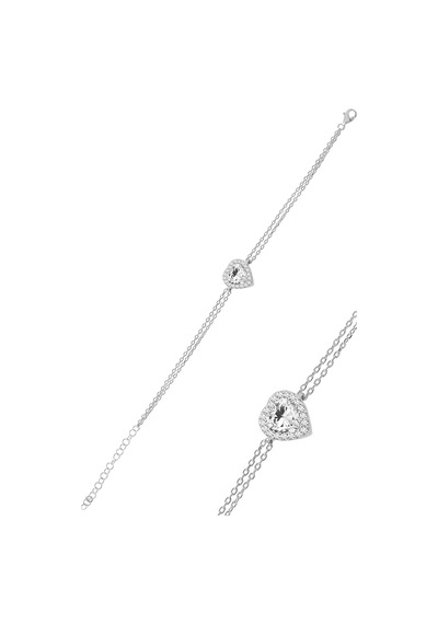 Gümüş Rodyumlu Zirkon Taşlı Pırlanta Modeli Kalp Kolye, Küpe, Bileklik Üçlü Set