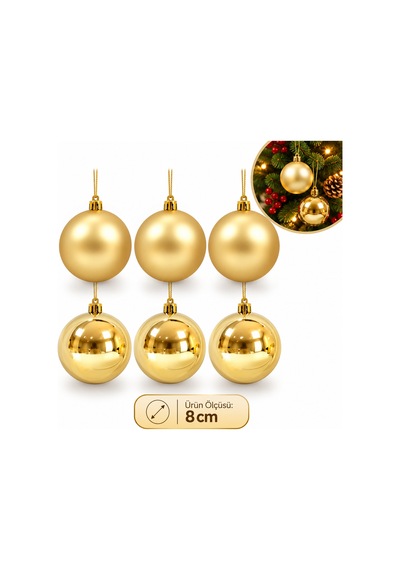 8 Cm Mat Parlak Gold Top 6'lı - Yılbaşı Süsü