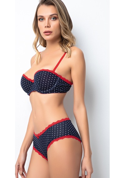 Miorre Push-Up Dolgulu Straplez Puantiyeli Sütyen Takım Lacivert