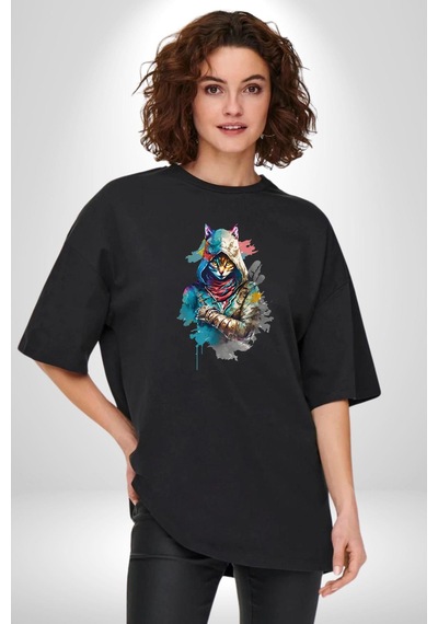 Kedi Assassin's Creed Pamuklu Bisiklet Yaka Unisex Oversize Boyfriend Dijital Baskılı Siyah T-shirt Siyah