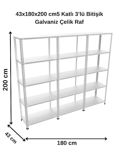 43x180x200 Cm5 Katlı 3 Lü Bitişik Galvaniz Çelik Raf. Depo, Dosya Rafı Gri
