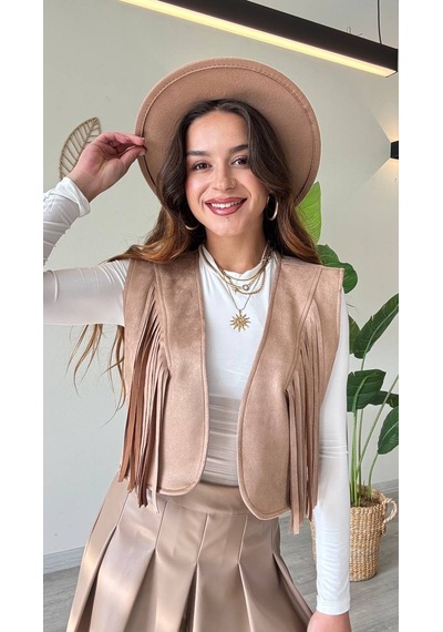 Duygudan Püskül Detaylı Modern Yelek Güçlü Ve Özgür Stil-vizon - Vizon