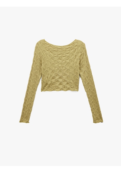 Koton Uzun Kollu Dokulu Kayık Yaka Slim Fit Crop Tişört Yeşil 6wal10091ık Yeşil