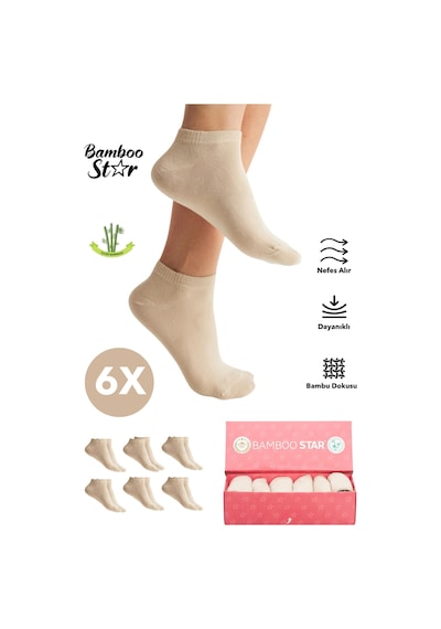 Bamboo Star Bambu Kadın Patik Düz Krem Çorap Dikişsiz Premium Kutulu 6'lı Paket
