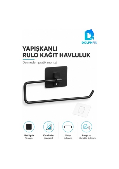 Yapışkanlı Rulo Kağıt Havluluk Mat Siyah Delmeden Montajlı Mutfak Banyo Havlu Askısı