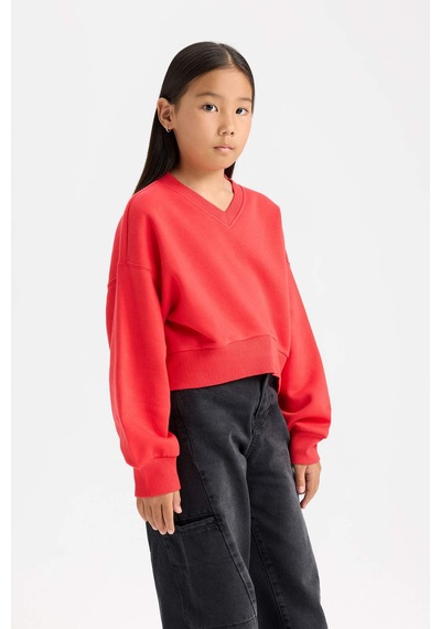 DeFacto Kız Çocuk Cropped Fit V Yaka Basic Düz Sweatshirt D7047A824WNRD348 Kırmızı DeFacto Kız Çocuk Cropped Fit V Yaka Basic Düz Sweatshirt D7047A824WNRD348 Kırmızı