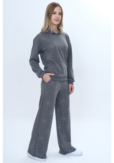 Toontoy Kids Toontoy Kız Çocuk 2'li Takım Taş İşlemeli Kapüşonlu Sweatshirt & Beli Lastikli Bol Paça Cepli Eşofman Altı - 2 İplik Antrasit